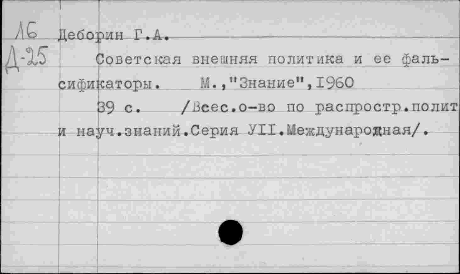 ﻿	Г. А. .........	. 	 ..	..	. _	
Д-15	«Роветская	внешняя политика и ее фаль-
	рификаторы.	М., ’’Знание”, 1960
	139 с.	/Всес.о-во по распростр.полит
	л науч.знаний	.Серия УН. Международная/.
		
		
		
		
		